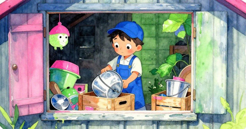 透過窗戶觀察，Leo運用翻轉桶與箱子搭建支撐，窗外光影交錯，展現巧思與內外互動的情景。