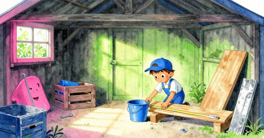 Leo在棚內隨著光線變化調整桶與箱子堆疊，展現時間流逝與冒險精神，整體場景充滿歷史韻味。