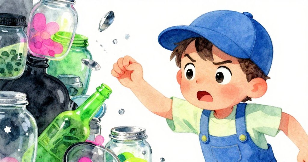 Leo驚慌後退，臉上充滿緊張神情，近距離特寫展現傾斜物品和叮噹聲所帶來的懸疑時刻。