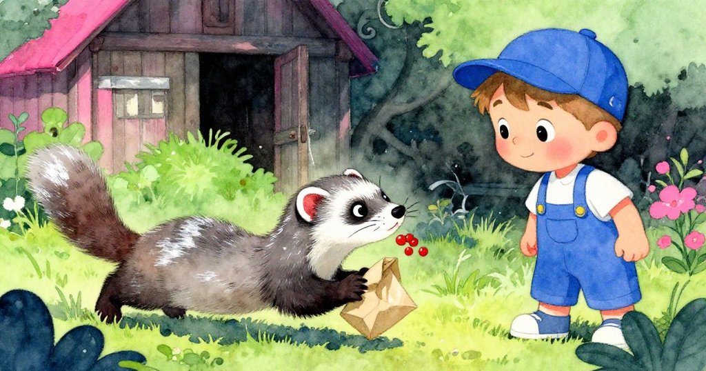 Leo低頭微笑，虎鼬叼著紙袋奔跑，散落的釘子與鮮紅莓香交織成象徵驚喜與希望的溫暖結局。