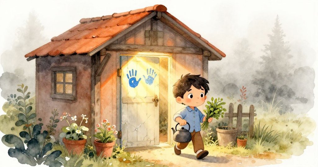 晨霧中，Leo 踏入庭院小屋，手持薄荷與鐵水壺，藍色手印和水漬顯露出老舊痕跡，神情期待溫暖晨光照耀。