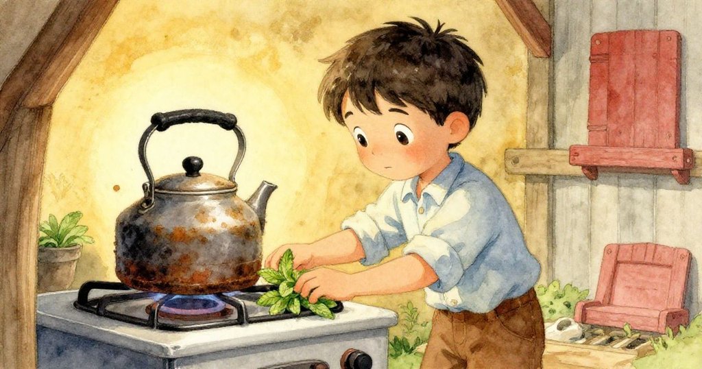 Leo 小心將鐵水壺放置於小爐上，乾薄荷陳列一旁，溫暖光線下他專注而細緻操作，呈現老舊工具細節。