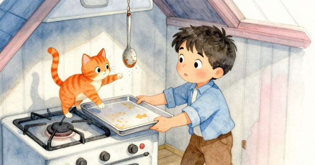 俯瞰視角中，Leo 拖曳烤盤作為擋板，橘貓輕拍懸掛湯匙，畫面充滿緊迫與調皮互動細節。