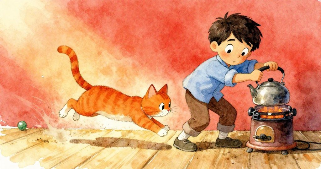 動態畫面中，橘貓猛撲滾動青彈珠，Leo 快速傾斜水壺，動感十足展現緊急與活力場景。