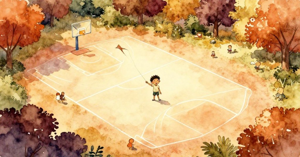 公園全景中,Leo站在球場中央握著風箏線,環境充滿暖色調,展現故事開端,充滿期待與準備情緒。