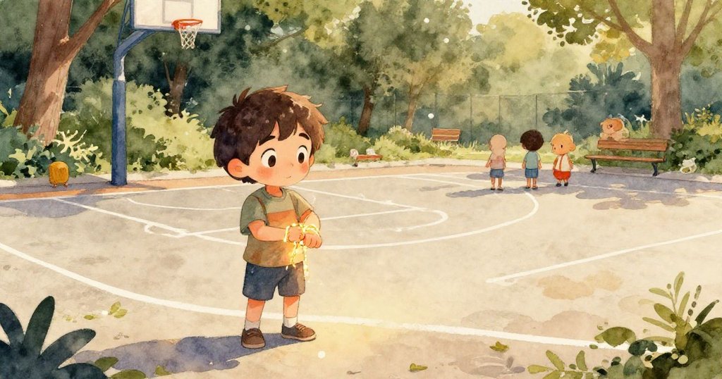 Leo的臉部特寫,眼神專注且堅定,握著風箏線,背景隱約見到球場格線,展現決心與準備。