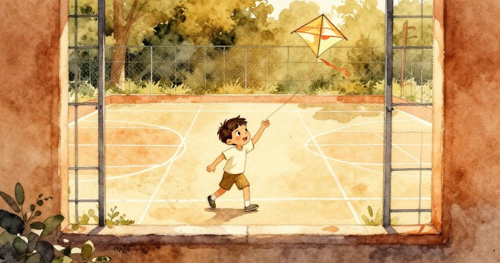 透過圍欄視窗,Leo沿著淡化的球場格線小心行走,展現了策略與準備,充滿活力與期待。