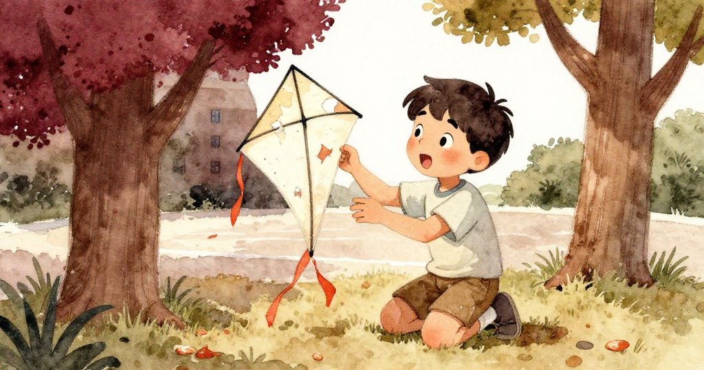 Leo跪在球場邊,仔細檢查被風吹扭曲尾巴的紙風箏,樹枝輕拂,呈現深思與修正計劃的瞬間。