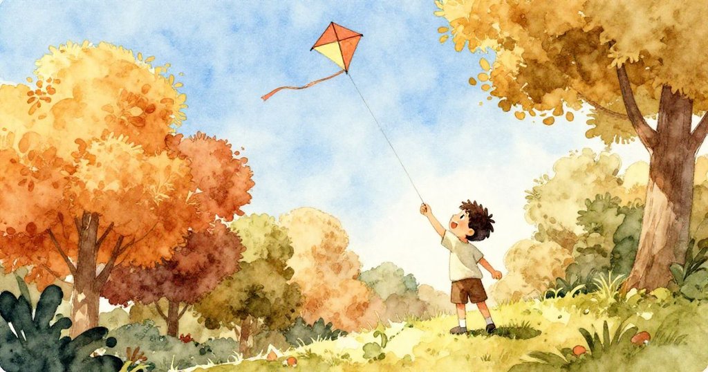 Leo滿臉喜悅地觀看著風箏在蔚藍天空中穩定飛翔,站在樹梢下慶祝成功重逢,展現成果與希望。