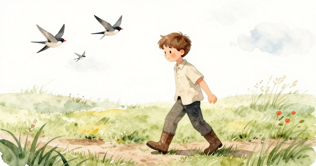 羅文從泥土小徑邁進充滿朝陽光線的草地，鞋上露珠閃耀，百靈鳥穿梭藍天，展開充滿期待的冒險旅程。