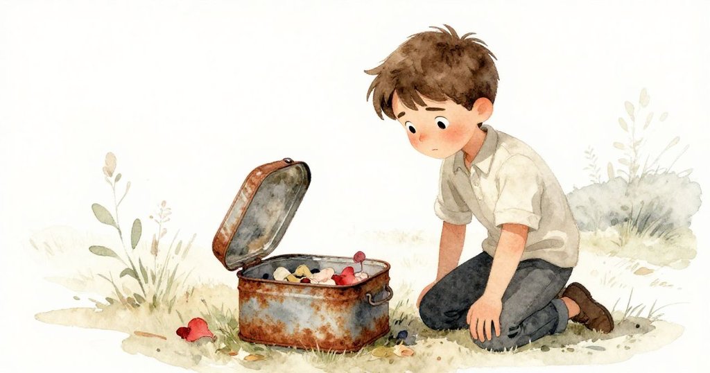 羅文跪在隱約的野外中，細心打開一只生鏽的錫盒，裡面散落著褪色花瓣，他充滿驚喜與好奇。