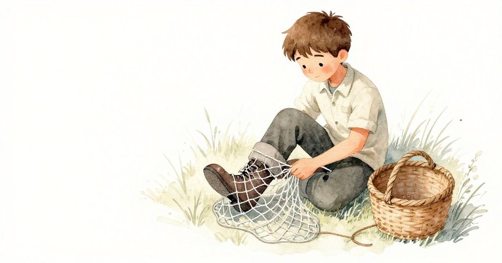 從高處俯瞰，羅文低頭解開纏住鞋子的網，周圍草地細節豐富，流露出既脆弱又堅定的心情。