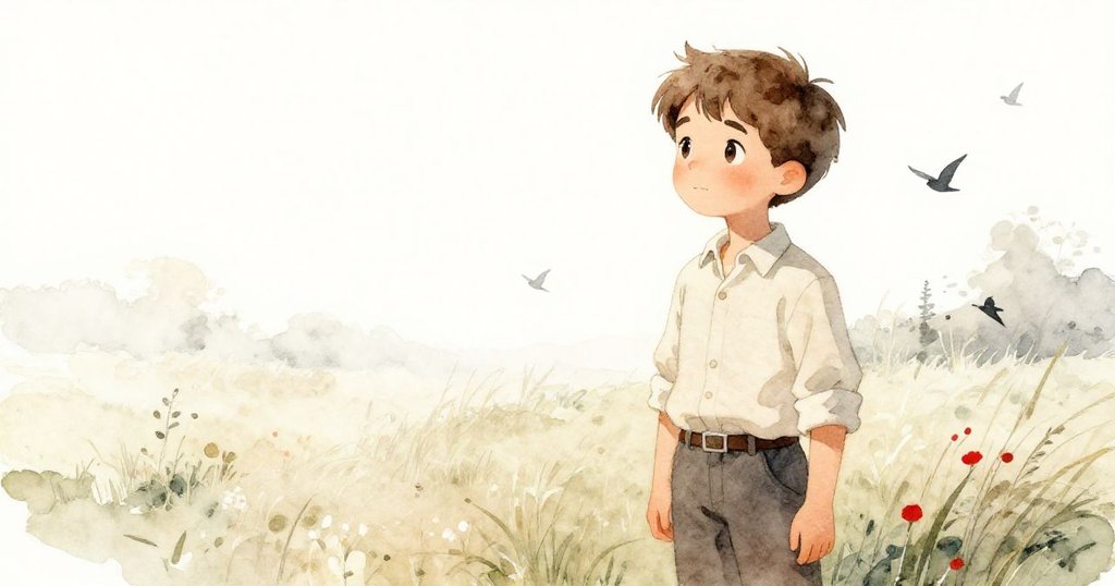 柔和夕陽下，羅文凝望遠方回憶奶奶的搖籃曲，草地與百靈鳥形成夢幻懷舊背景，情感深邃。