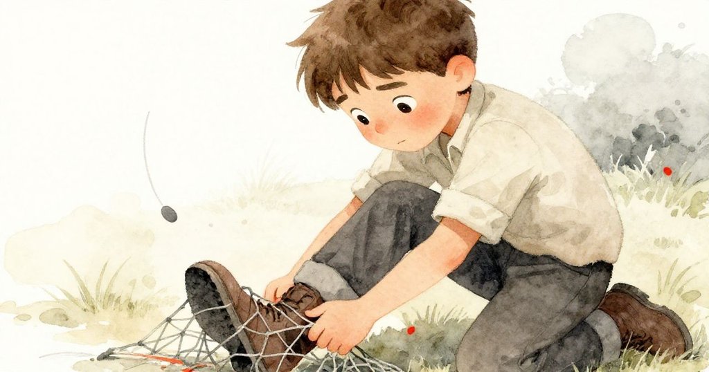 近距離展示羅文全神貫注解開鞋上纏著的網，臉上交織著挫折與堅定，展現內心深處的掙扎。