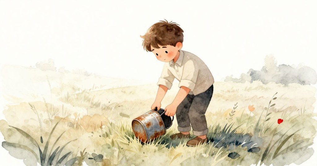 全景呈現草地的圓形光環中，羅文含笑放下錫盒，象徵旅程的回歸與完整，溫馨而寧靜。