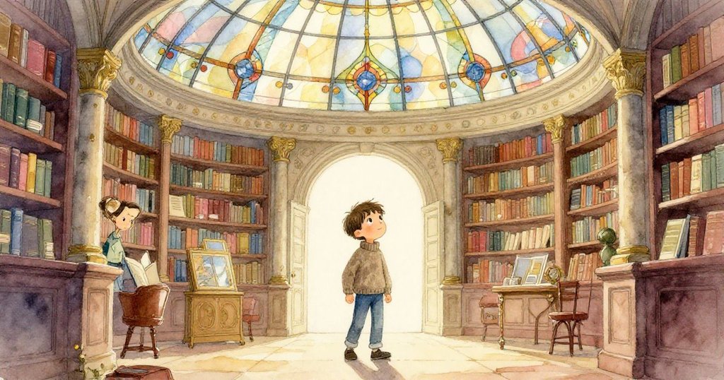 Leo 踏入圖書館,手持畫冊,映出倒影,場景充滿溫暖燈光與古老氣息,充滿好奇與期待。