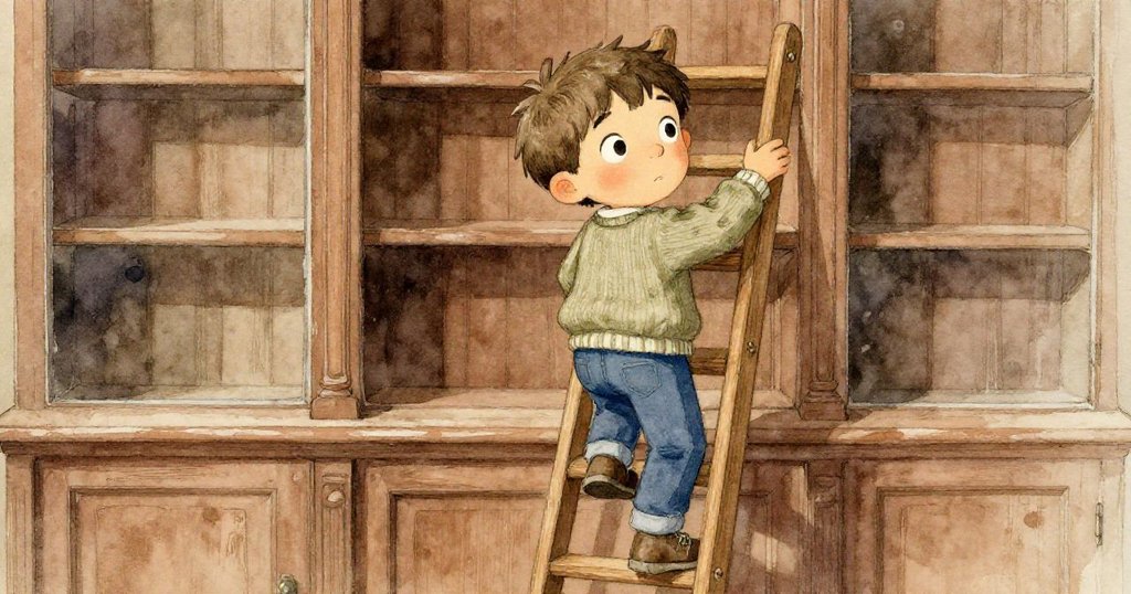 Leo 小心攀爬梯子,伸手撫摸書架上的老書,空曠背景中散發探索歷史的靜謐感。