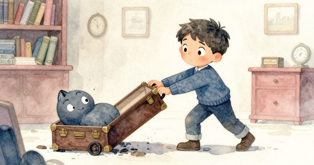 Leo 用力推動膨脹老書,膝蓋靠在梯子上,動作緊繃背景呈現古舊書架細膩動感。