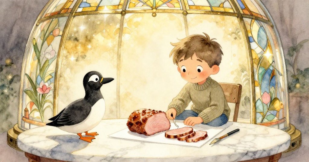 Leo 坐在大理石桌前整齊擺放畫冊、海雀雕像與牛腩,微笑欣賞彩光下溫暖古典圖書館,充滿圓滿感。