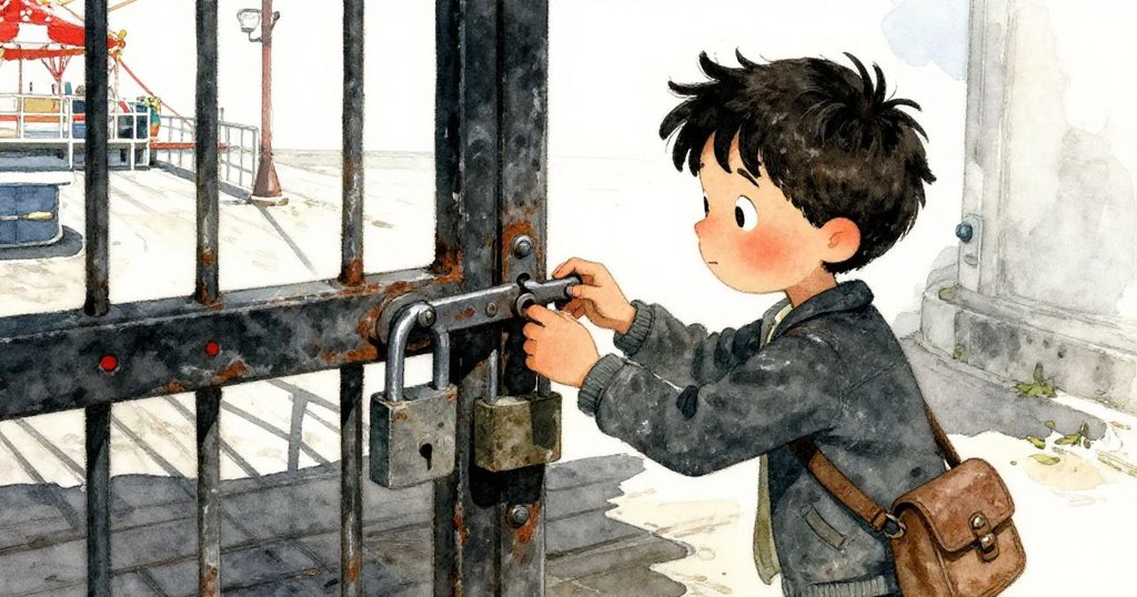 在破舊遊樂碼頭上，Lucas用堅定的手按壞掉鎖扣，他聚焦於生鏽的鐵件，展現出果決與冒險精神的發展。