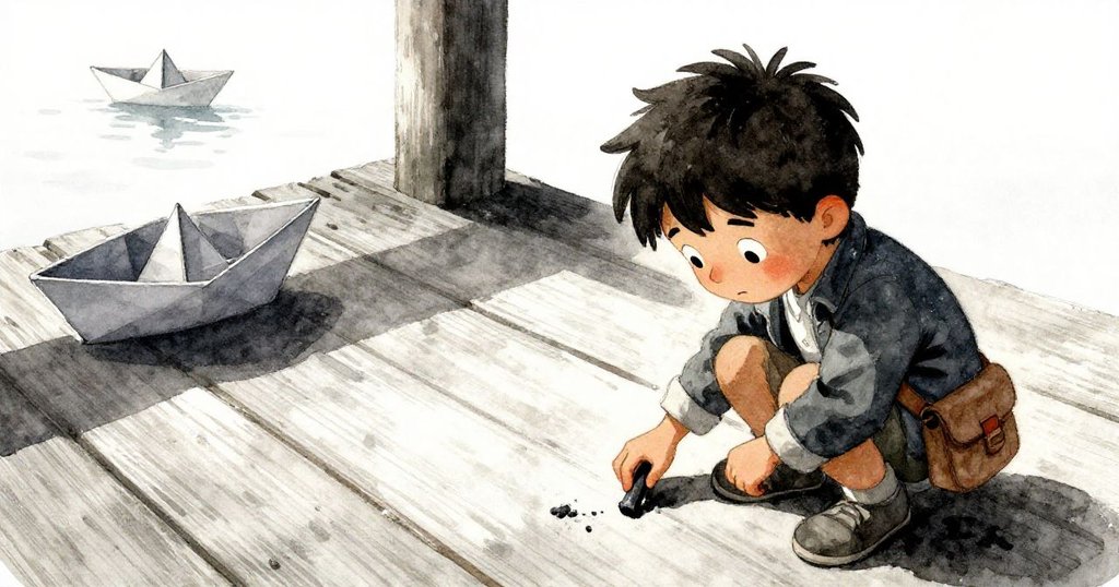 在風化的木板間，Lucas蹲下仔細搜尋掉落的木炭筆，他的神情專注而略帶憂慮，細節豐富的場景呈現轉折中的掙扎。