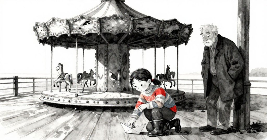 在斑駁旋轉木馬的平台上，穿著橡膠靴的少女蹲下摺報紙小船，背景中年男子靜靜觀察，光影交錯呈現轉折與融合。