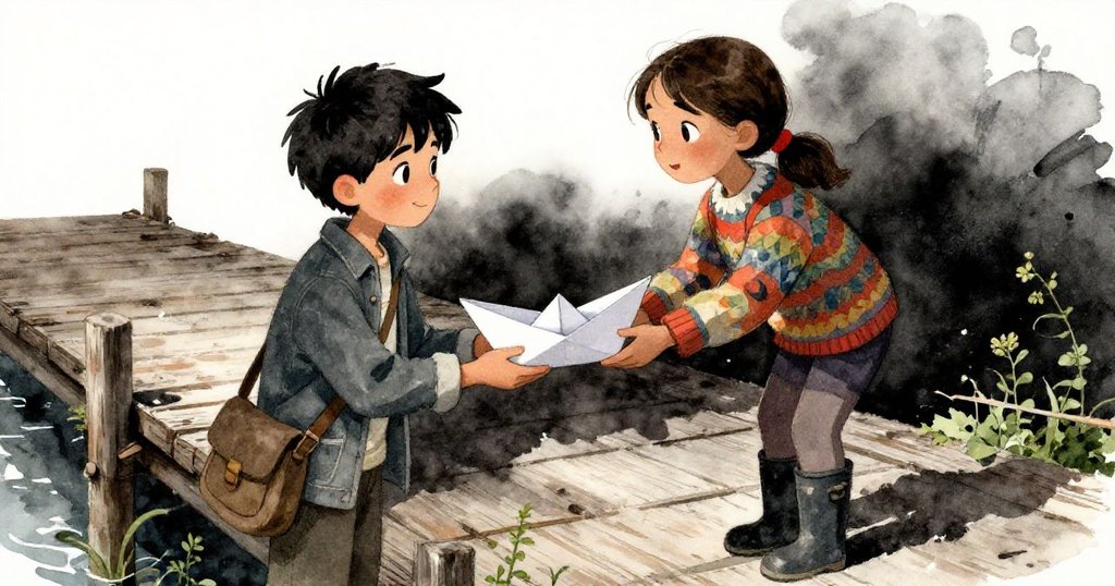 在風化碼頭上，少女溫柔遞出摺好的報紙船，Lucas滿懷感激微笑接過，背景中新綠幼苗象徵著和解與新生的結局。