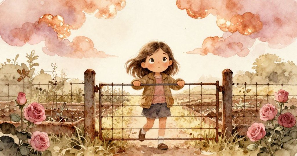 莉奧拉在銹色天光下穿過鐵網大門,勇敢邁向荒蕪花園與破舊溫室,興奮又充滿期待開始探索之旅。