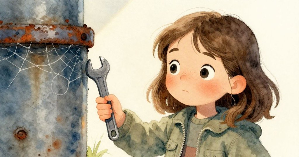 莉奧拉專注地用手按壓生鏽圓筒,手中的扳手緊握顯露出好奇與堅定,光線柔和映出細緻金屬紋理。