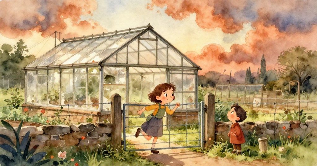 莉奧拉透過視角望向溫室內枯萎與新生並存的景象,輕觸乾脆草葉,感受重生希望與時間流逝的柔和光影。