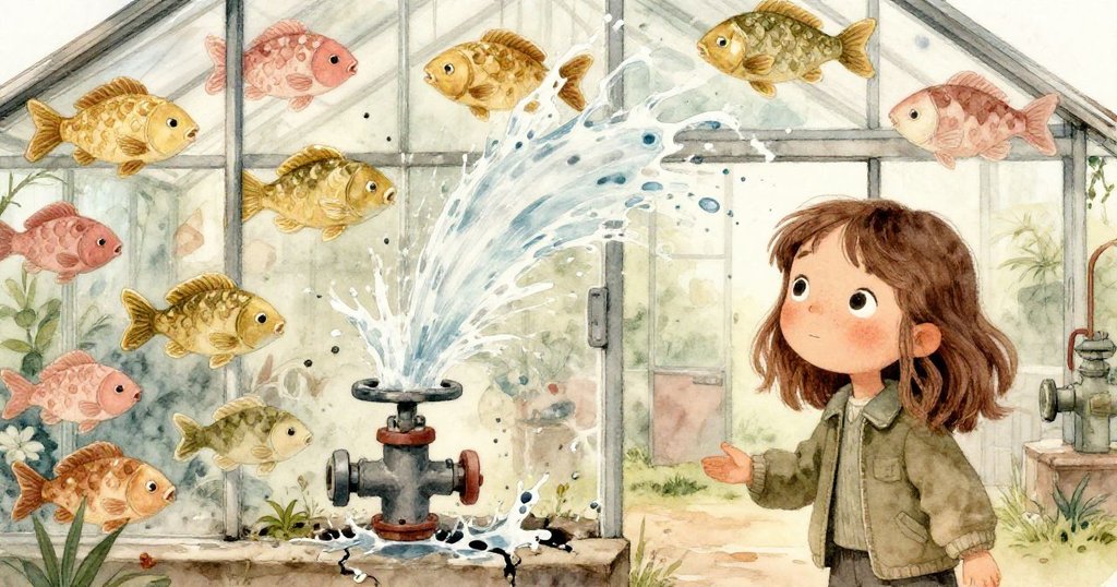 莉奧拉驚訝注視水流猛噴,水花沖刷破舊玻璃露出燦爛馬賽克魚,燈光錯落間展現自然洗禮與神奇轉變。