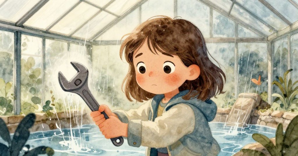 莉奧拉臉上展現堅定與痛楚,手持扳手努力調整姿勢,水滴映襯她奮戰中的堅毅決心與內心掙扎。