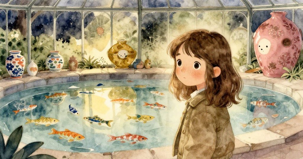 夜幕低垂中,莉奧拉靜立於溫室內,凝視水潭倒映出絢麗馬賽克魚與碎瓷磚,神情充滿沉思與寧靜。