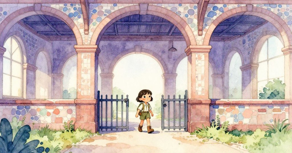 Maya 跨入古舊鐵路大廳，踏著斑駁瓷磚，拱門籠罩在柔和霧光中，神情中流露出好奇與謹慎。