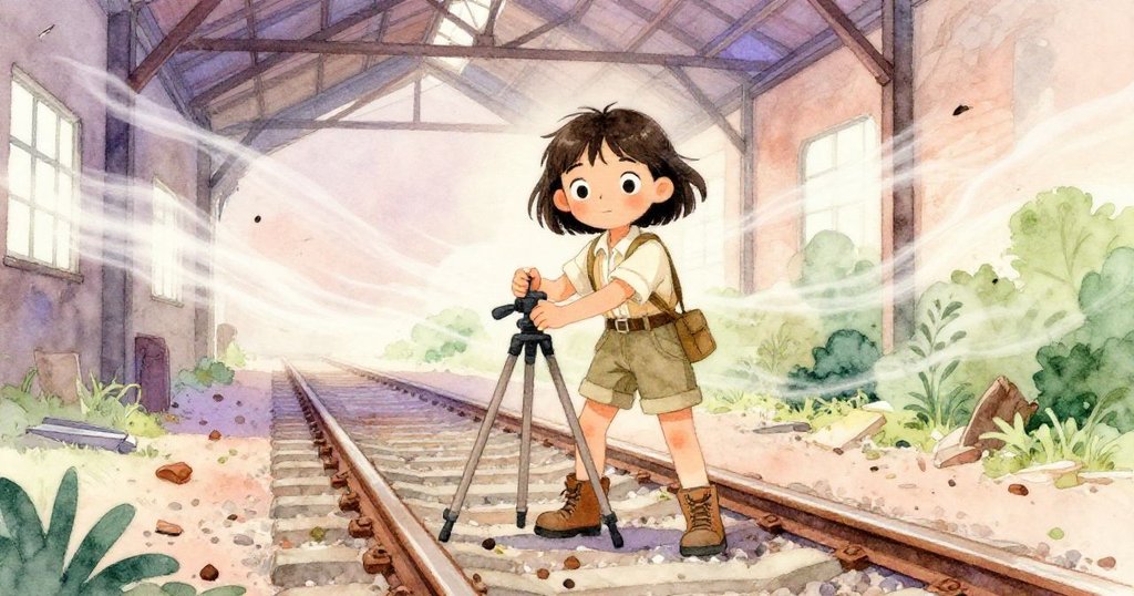 Maya 在工業感廢棄大廳中迅速調整三腳架，清理飛散碎片，神情堅定且充滿應變力。