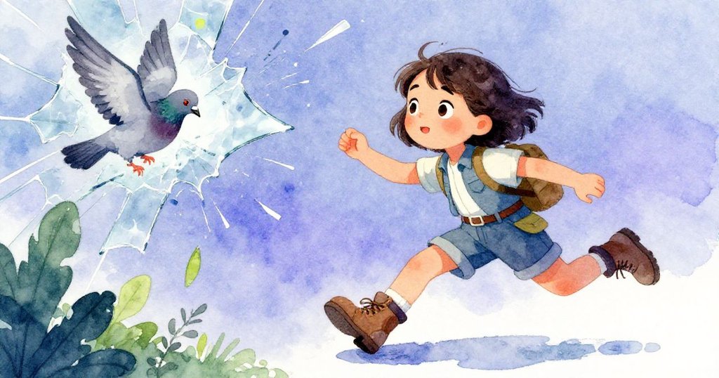 Maya 迅速調整裝置，驚見鴿子撞碎玻璃，碎片飛揚中展現緊張與動感瞬間。