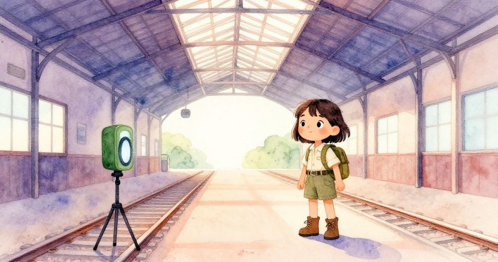 Maya 靜觀屋頂新開缺口灑入的陽光，閃綠裝置與三腳架沉默訴說著混亂後的寧靜重生。