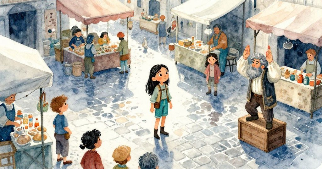 Mira走進濕潤古市集，雨水倒影映照石板路，攤販與演員熱鬧互動，展現冒險開始的溫暖氣氛。