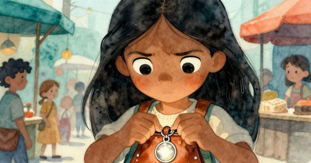 Mira專注眼神中充滿決心，手拿皮袋調整掛墜，背景隱約呈現雨後市場熱鬧場景，展現冒險初期情緒。