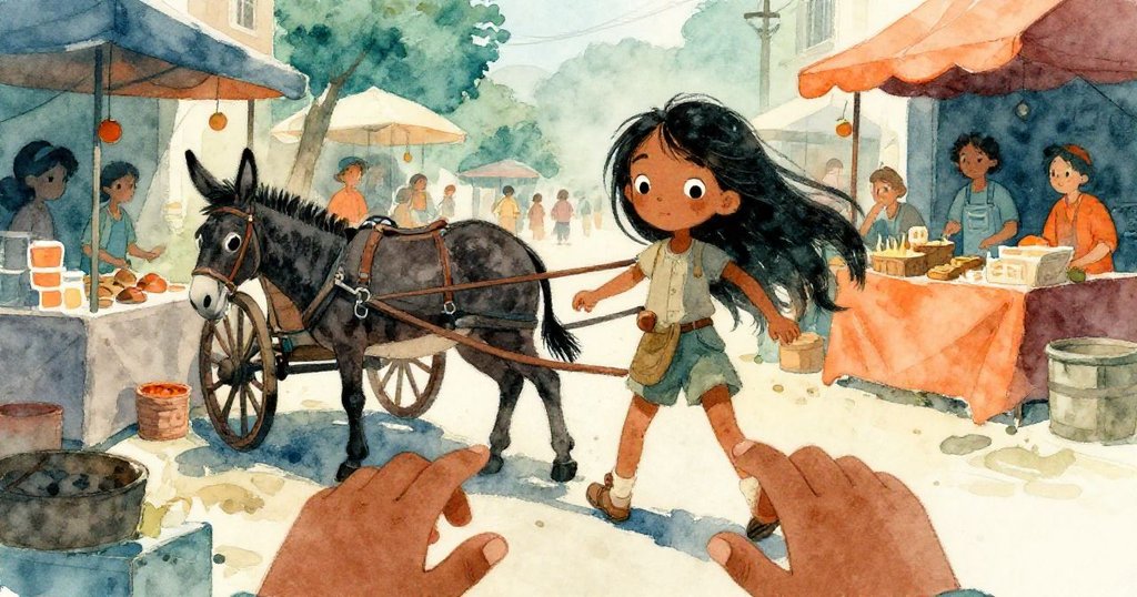 Mira視角中穿過擁擠市場，俯身協助推動卡住車輪，旁邊魚攤與攤販熱鬧互動，展現冒險延續。
