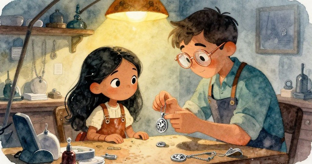 在溫馨昏黃的珠寶店內，Mira與珠寶師共同觀察修復掛墜，細膩工具與合作情誼營造出柔和安穩氛圍。