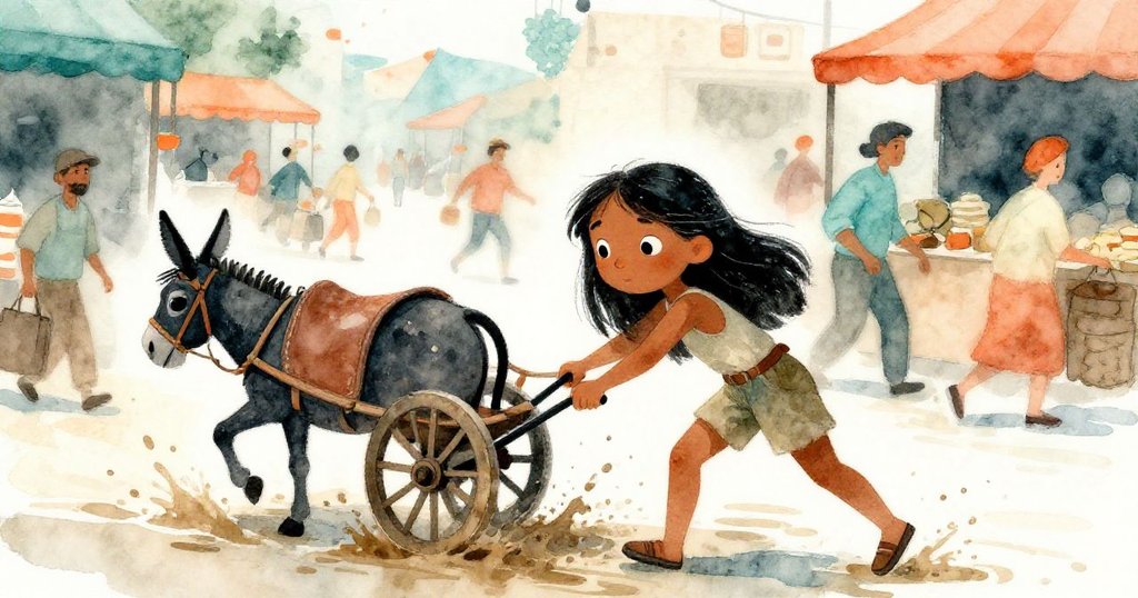 Mira在市場中俯身推動畜力車，泥水濺起動態軌跡，攤販與忙碌市集背景營造出充滿動感與溫暖活力的畫面。