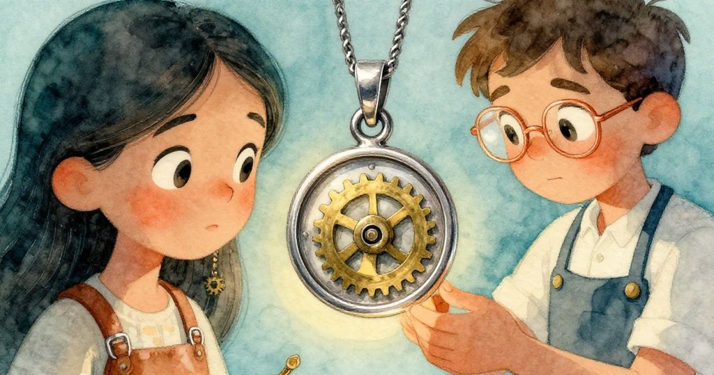 在珠寶店中，Mira與珠寶師注視修復後掛墜細節，微小黃銅齒輪靜轉發光，展現故事最終謎般溫暖與好奇。