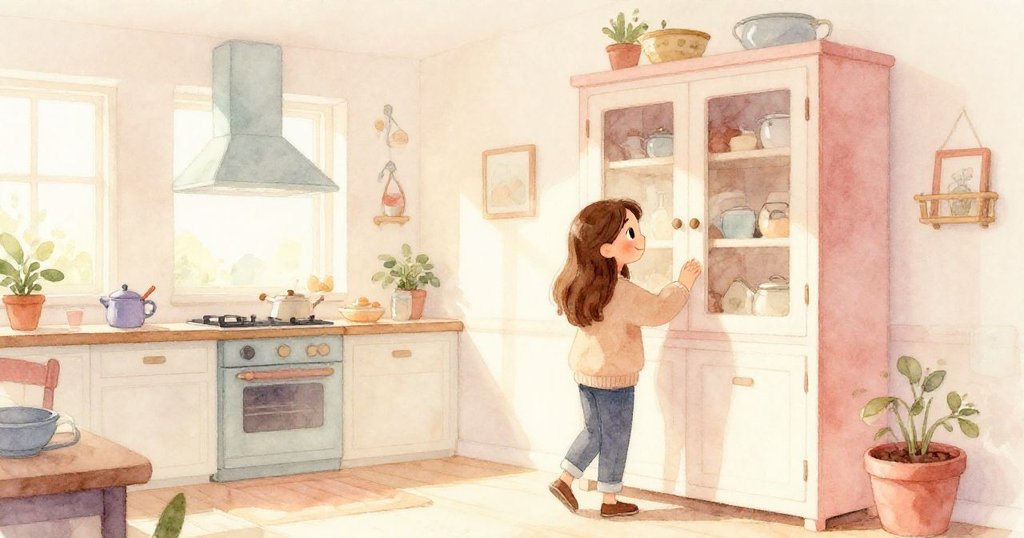 Ella早晨走入明亮廚房，溫暖日光灑落彩瓷磚及高櫥櫃，臉上流露期待與溫馨之情