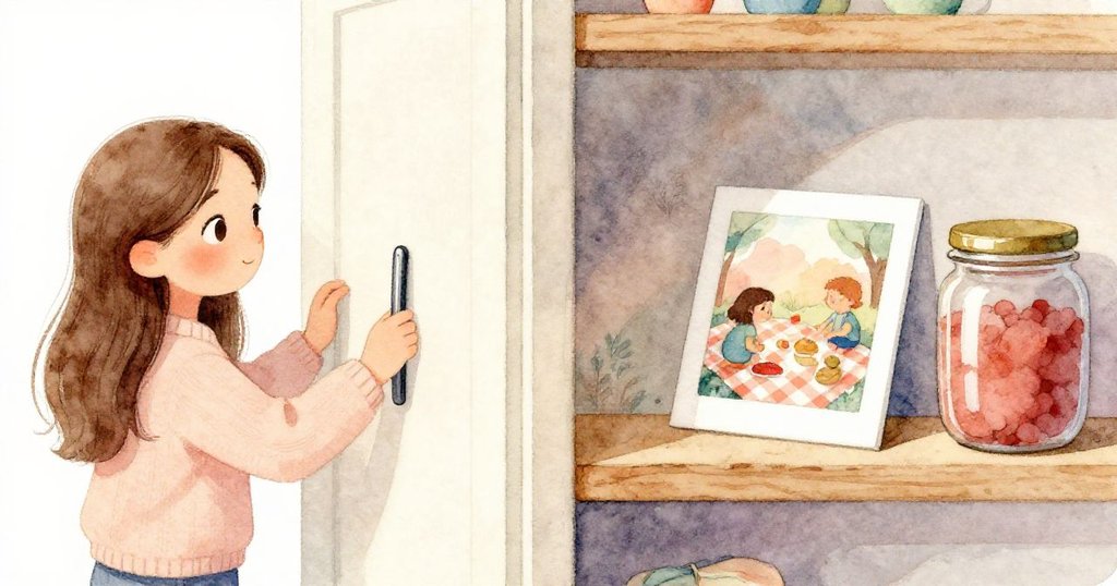 Ella小心打開高櫥櫃，一側展示精緻書本和友誼照片，另一側呈現閃亮果醬瓶具細膩情感