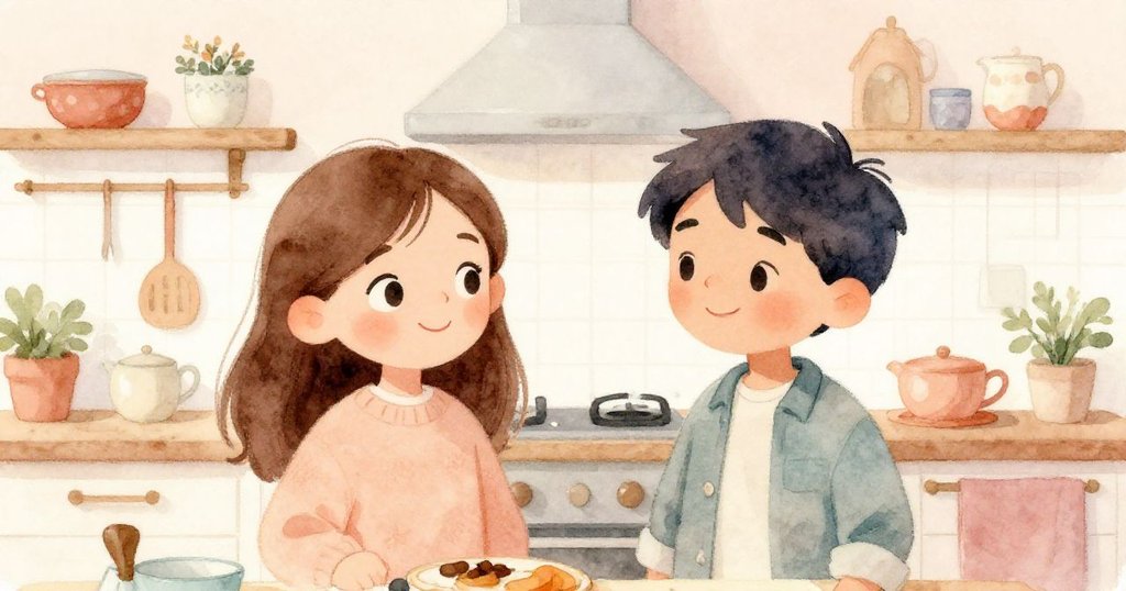 Ella與Sam在整齊廚房中相視微笑，共同慶祝突發小變故後溫馨喜悅互動