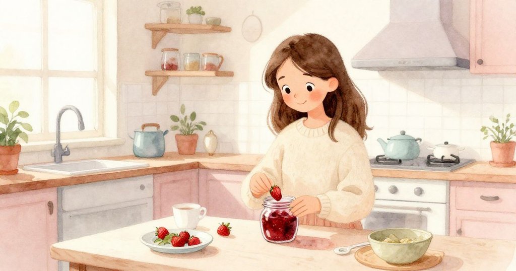 整潔廚房中，Ella滿足站立打開果醬瓶，晨光映照物品井然有序，展現寧靜圓滿之感