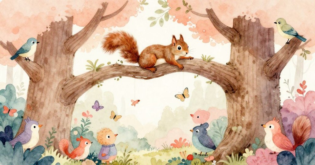 棕色松鼠在古老橡樹枝上伸展，周圍有雀鳥、蝴蝶與其他森林小動物聚集，環境充滿春天氣息與生機，展現溫暖熱鬧的森林場景。