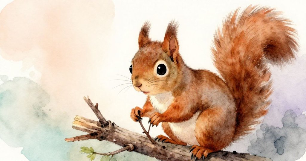 棕色松鼠專注地檢查樹枝，臉上呈現堅定與些微憂慮情緒，細緻特寫中展現動物細膩情感與觸摸樹枝的動作。