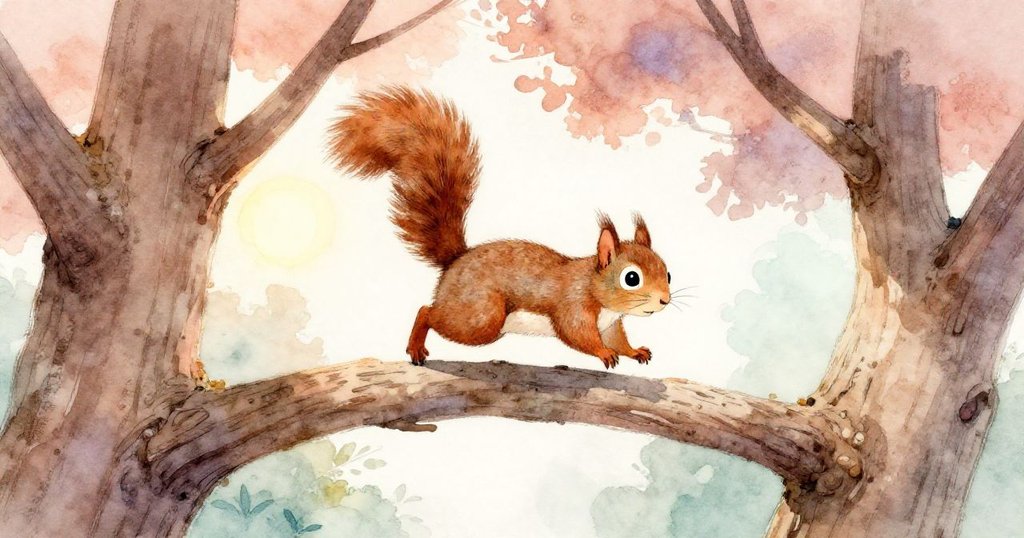 低角度視角下棕色松鼠英勇躍向細枝，展現動態勇氣與冒險精神，背景為風化樹皮與斑駁日光效果。